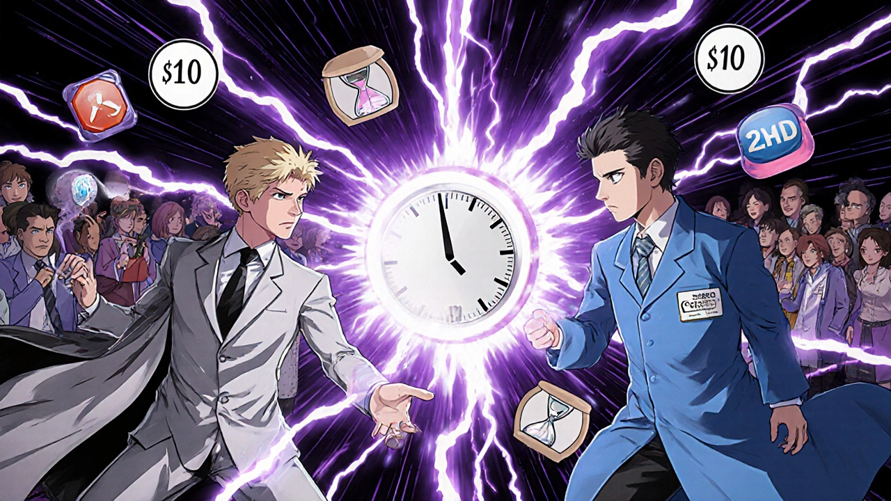 Rabeprazole and omeprazole depicted as characters in a speed battle, with cost tags and medical symbols surrounding them.