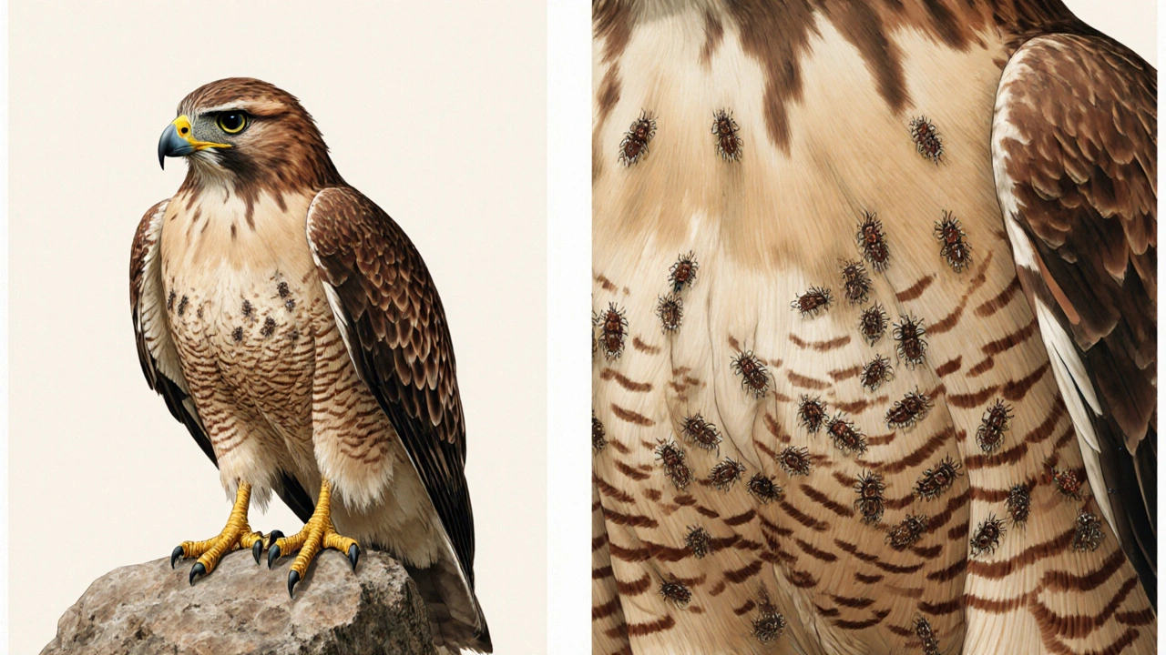 Raptor with bald patches alongside a close‑up of mites and lice on feathers.