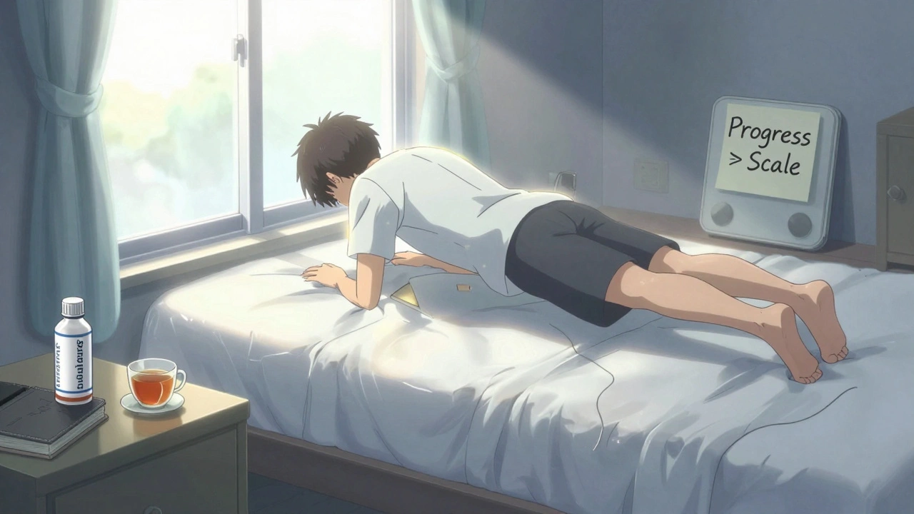 Someone doing gentle exercise at dawn, buspirone on nightstand, sunlight through window.