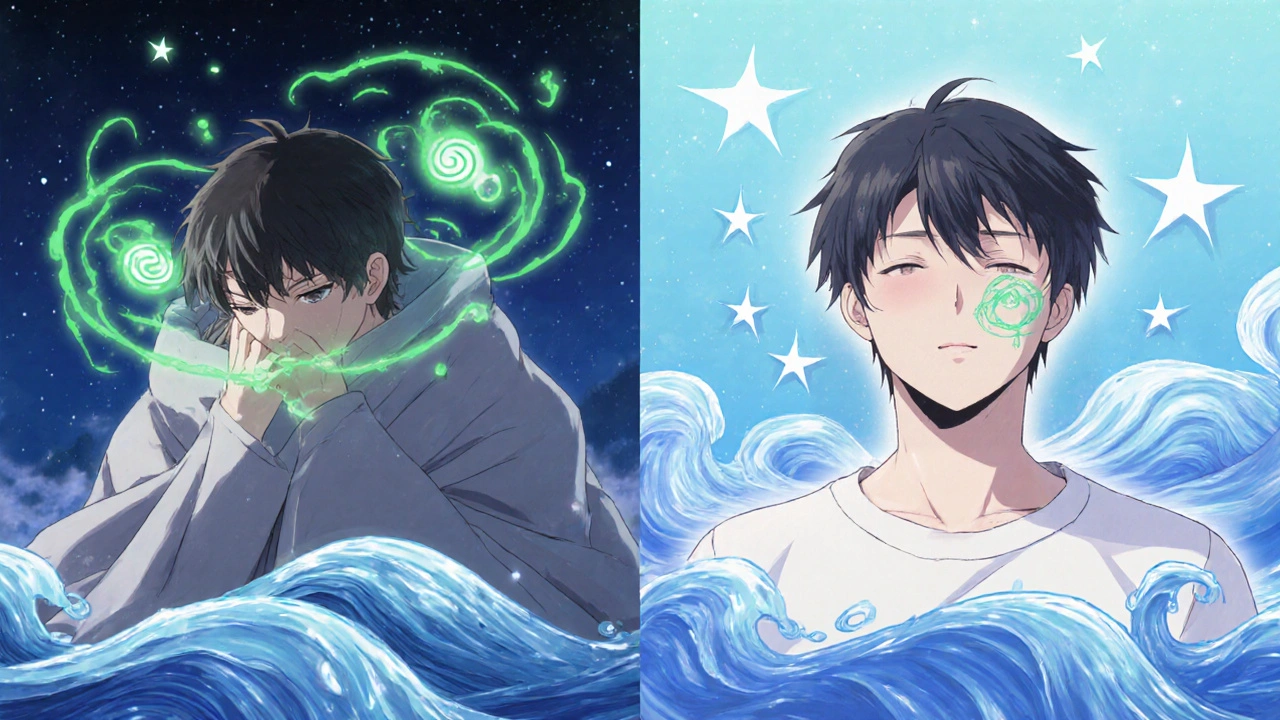 Split scene: person suffering from opioid side effects vs. calm after switching to a better medication.