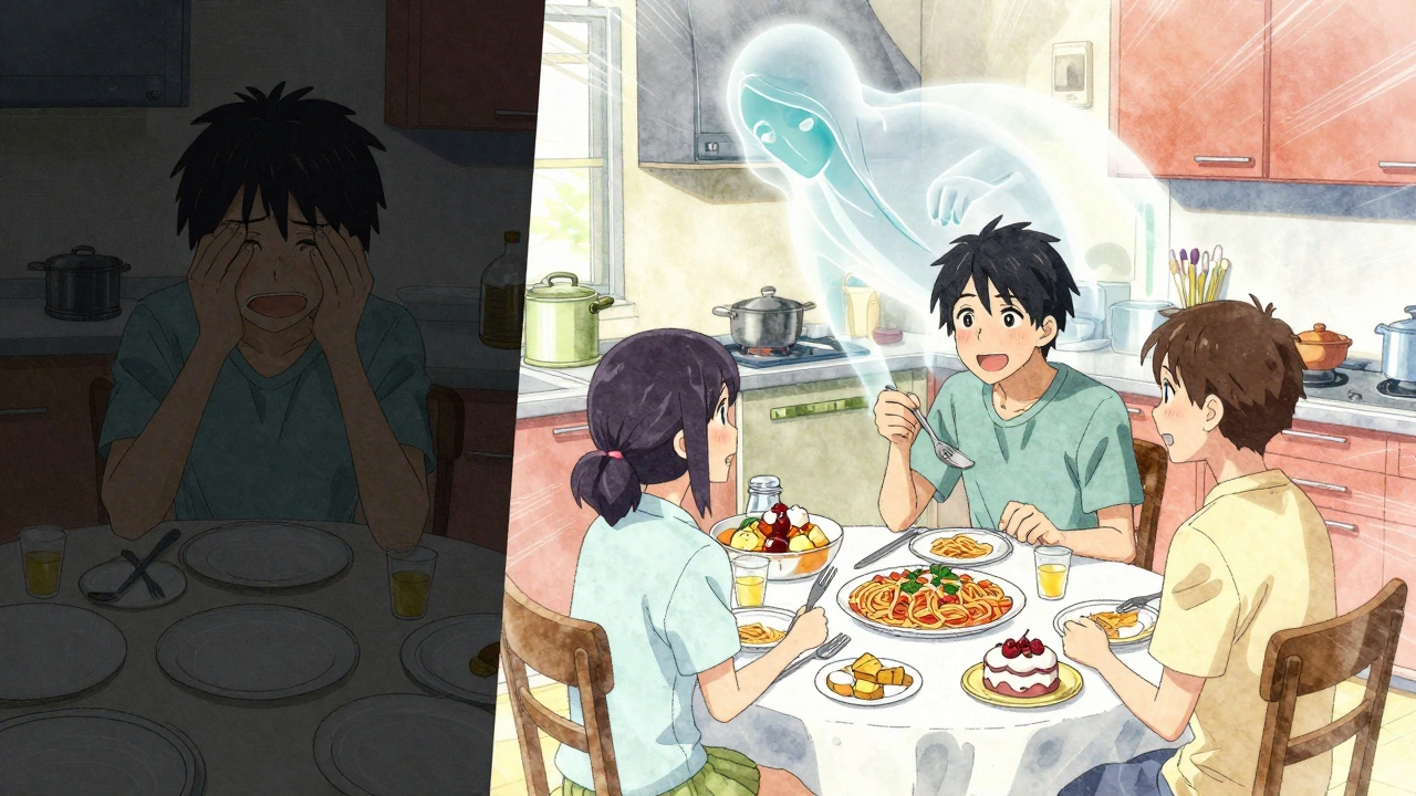 Split scene showing transition from isolated eating to sharing a meal with family.