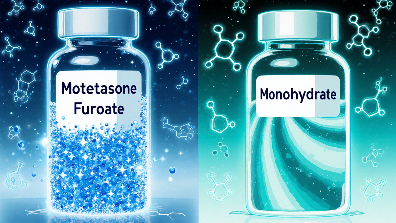 Split-screen lab scene comparing furoate and monohydrate salt forms with glowing particles.
