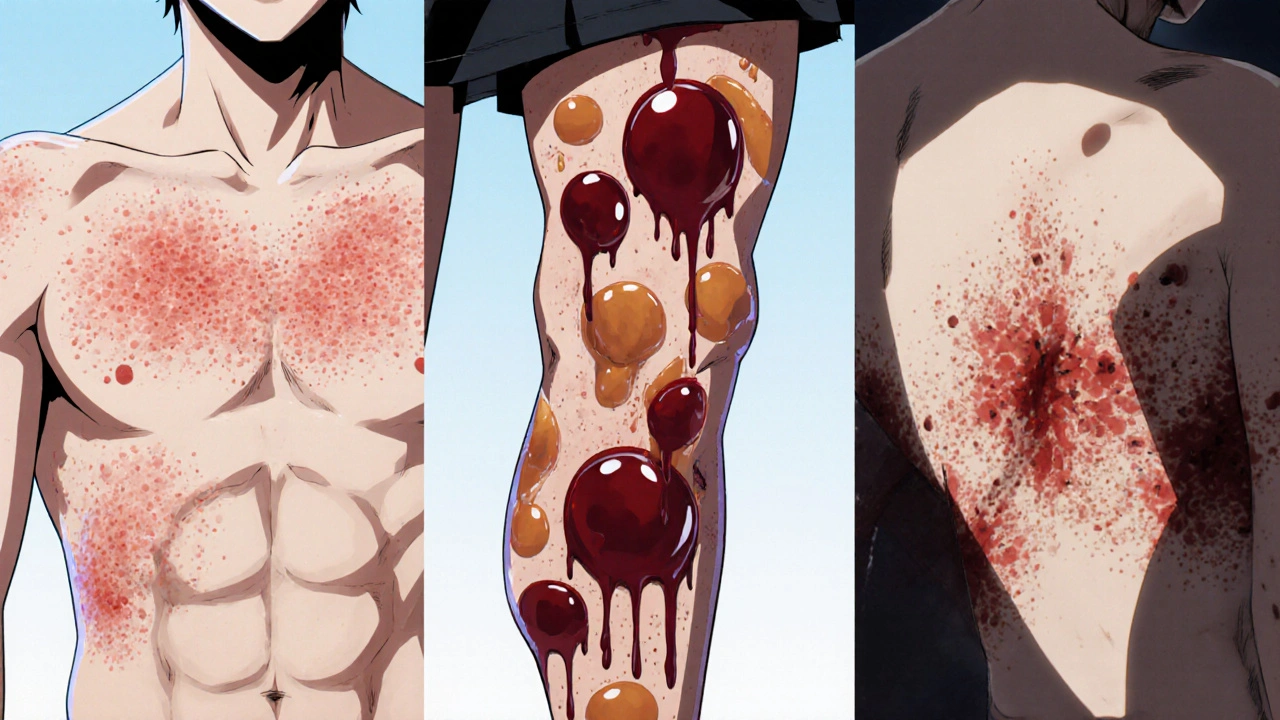 Split‑screen showing urticaria welts, nummular plaques, and severe blistering skin reaction.