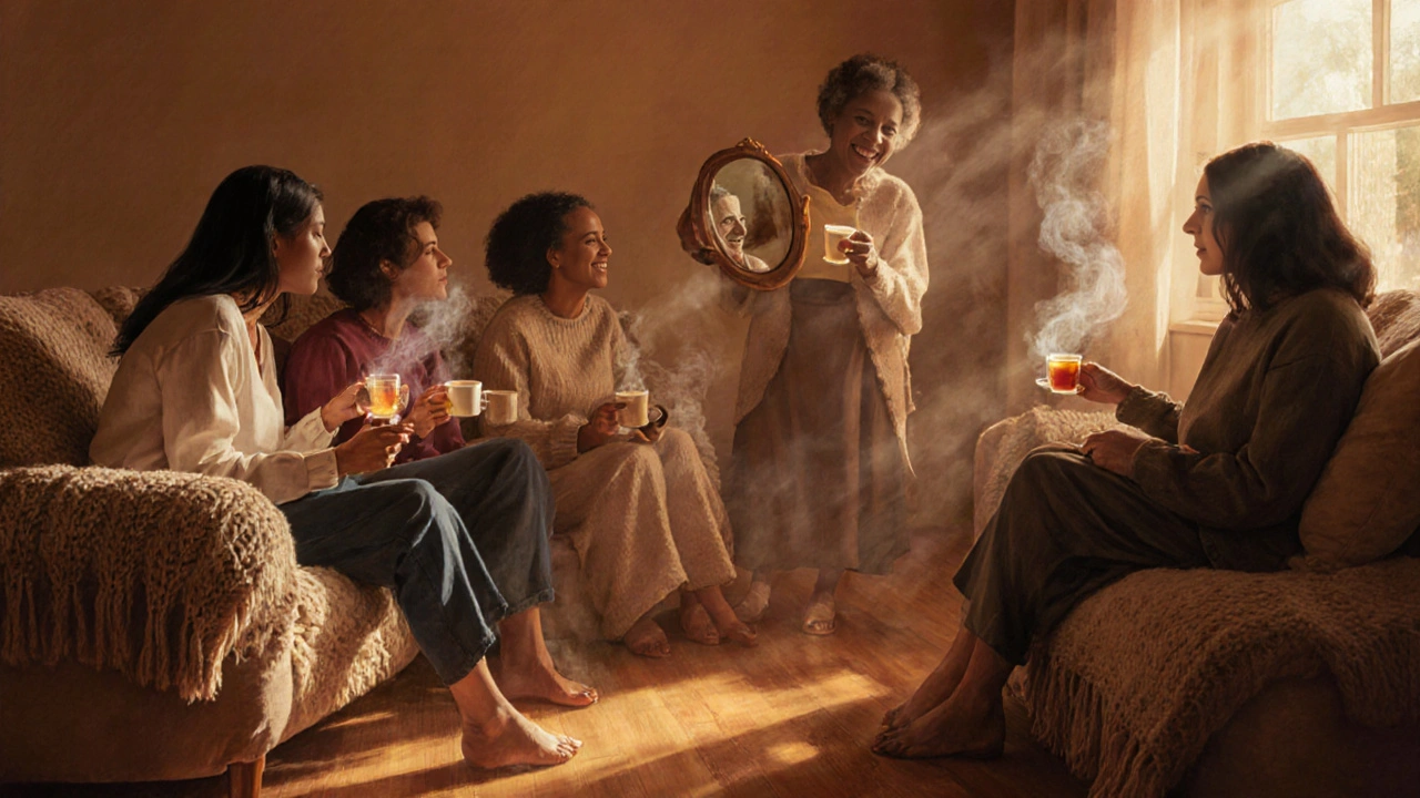 Support group gathered in a warm room, one woman smiles at her reflection.