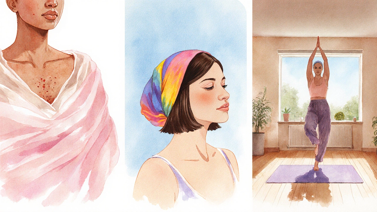 Three women illustrate surgery scar, hair loss, and yoga in a soft watercolor style.