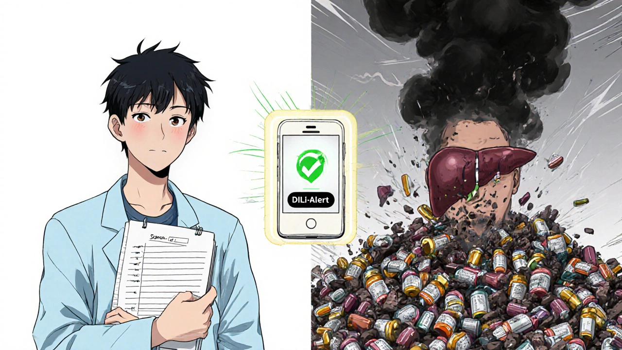 Two contrasting figures—one safe with a medication log, one overwhelmed by supplements—separated by a protective app glow.