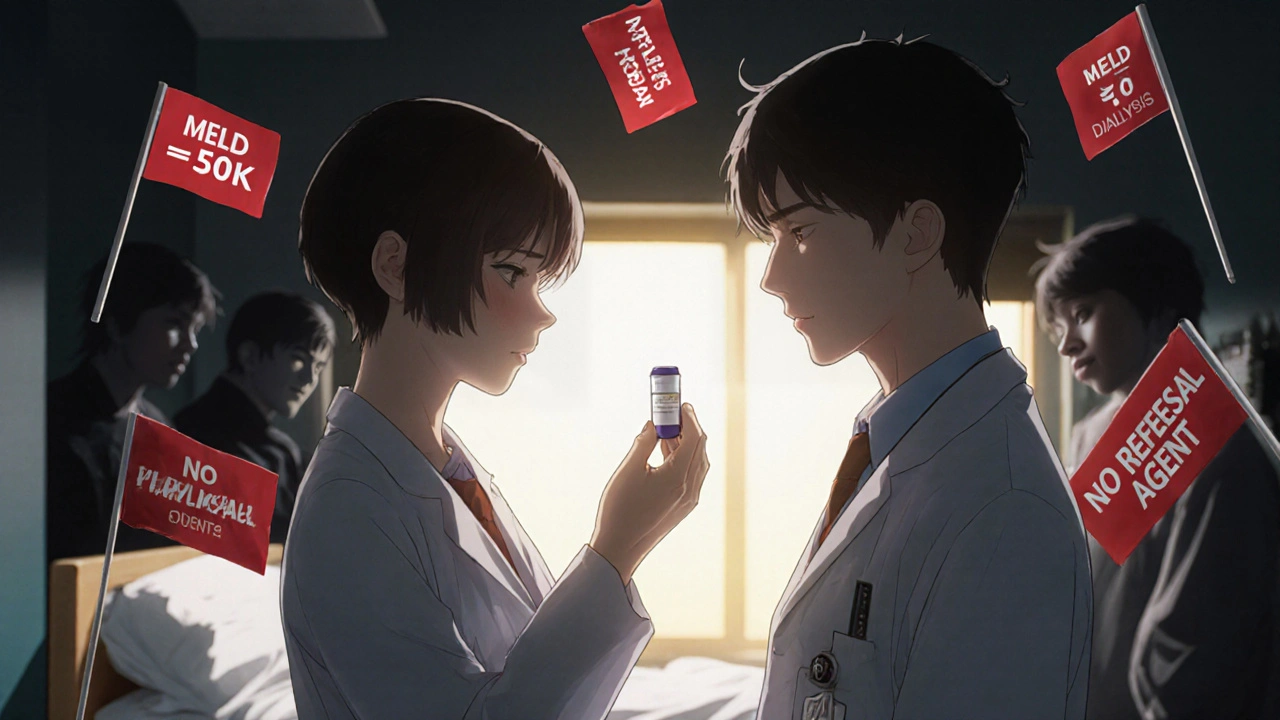 Two doctors holding a low-dose apixaban tablet surrounded by warning flags, with a peaceful patient in the background.