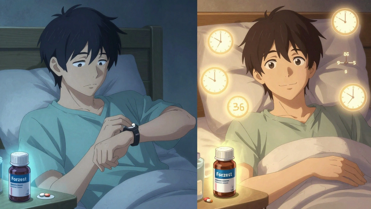 Two scenes contrast: one man stressed with Viagra, another relaxed with Forzest—highlighting duration differences.