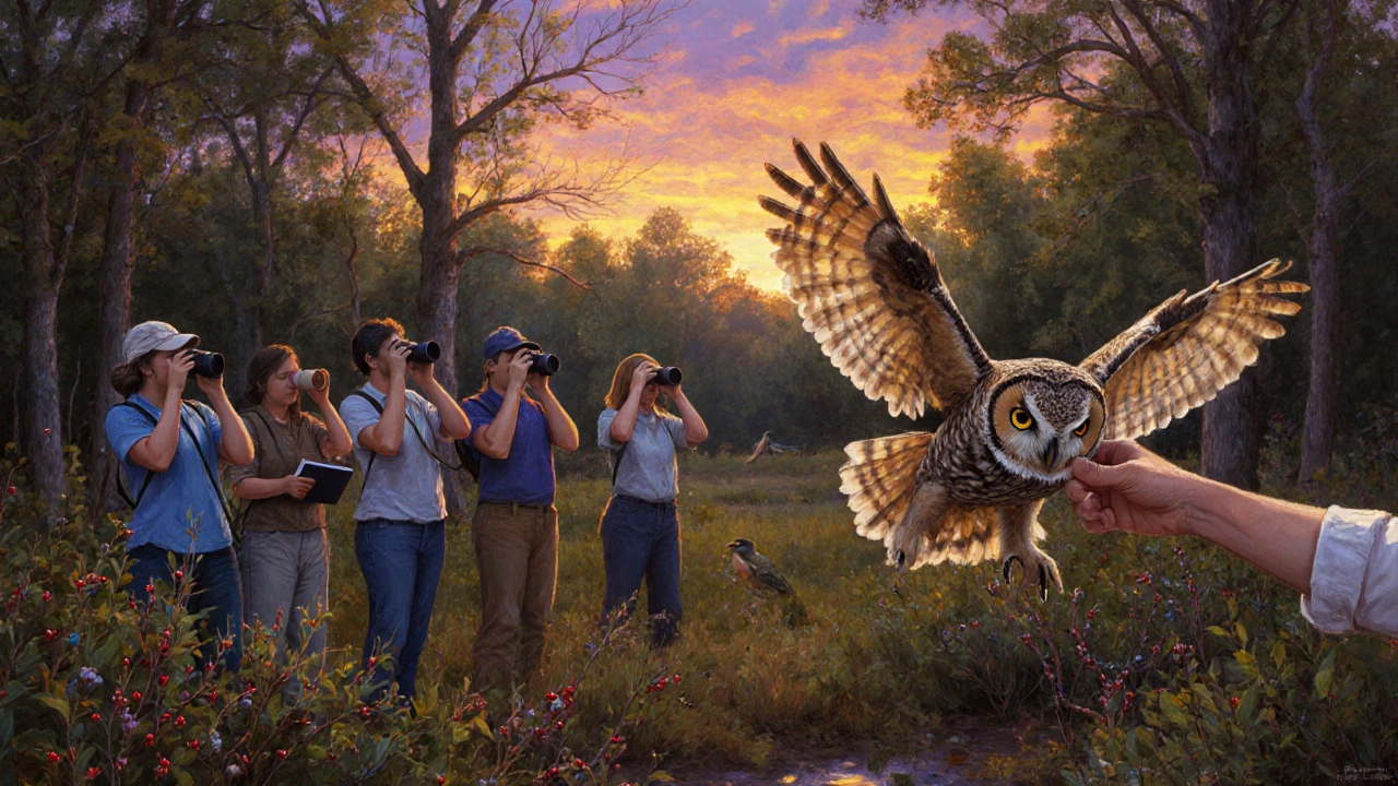 Volunteers in a restored forest releasing a fully feathered owl at sunset.