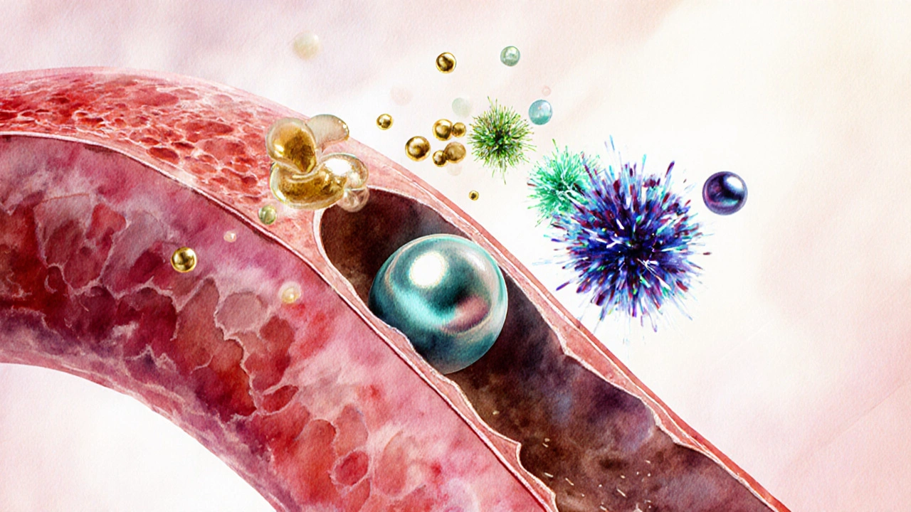 Watercolor art showing an LDL particle being surrounded by glowing antioxidant molecules in an artery.