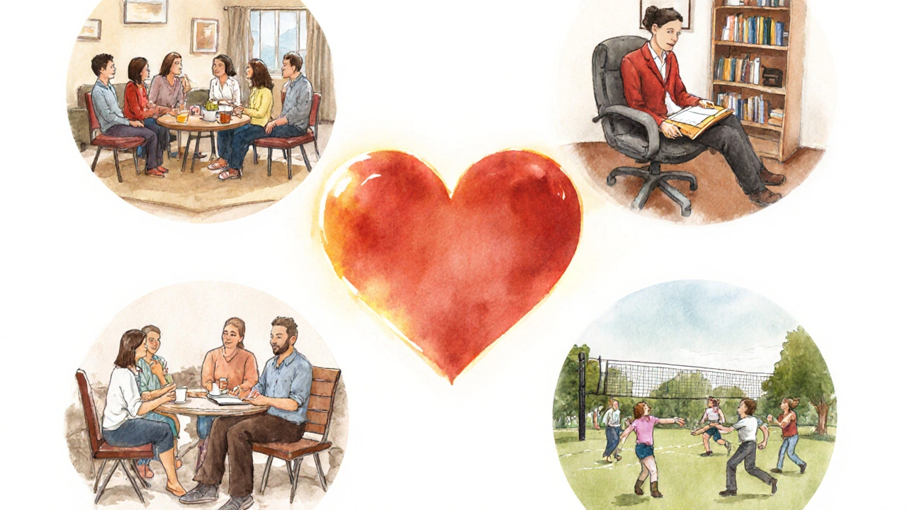 Watercolor collage of family, peer group, sponsor, therapist, and community activities around a heart.