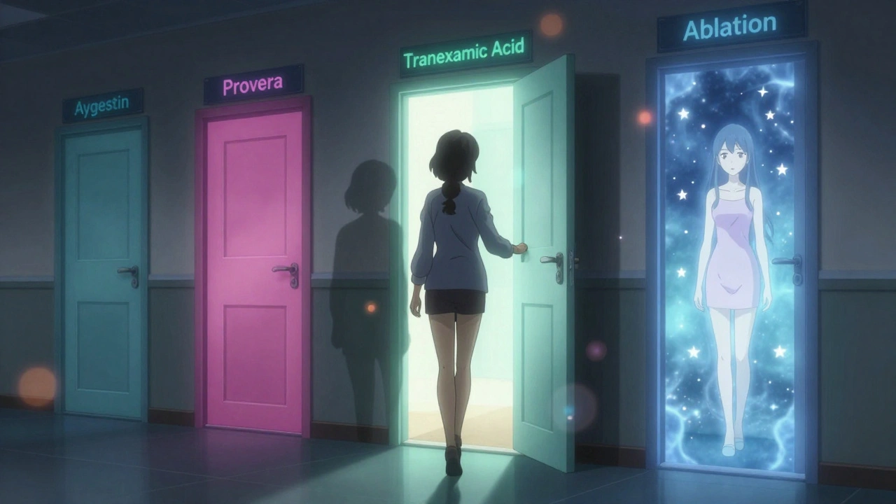 Woman choosing a hormonal therapy door in a symbolic hallway, shadow transforming from tired to empowered.