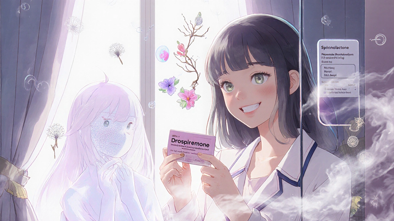 Woman holding birth control pill pack with acne-free reflection, fading spironolactone figure beside her.