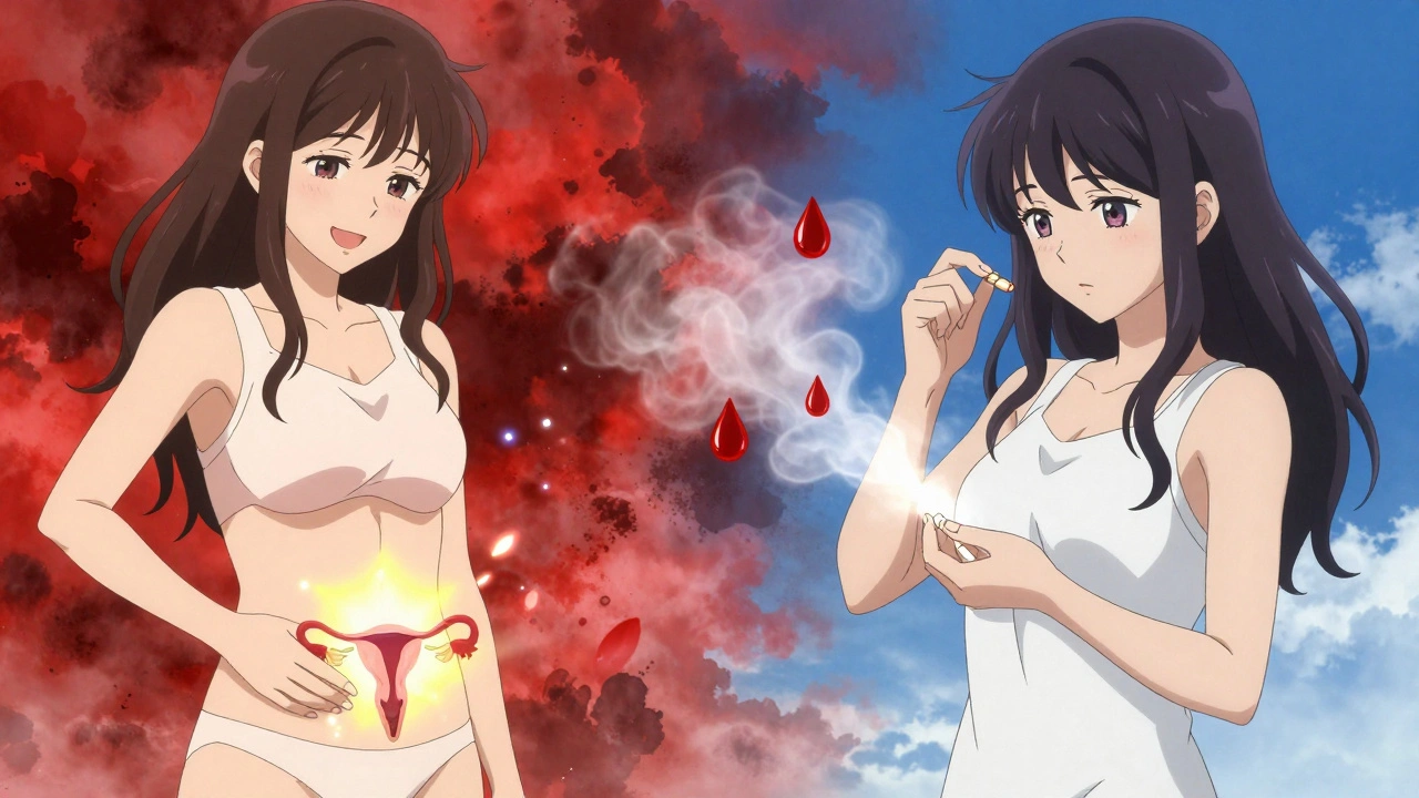 Woman with IUD glowing softly beside another taking tranexamic acid, menstrual blood turning to mist.