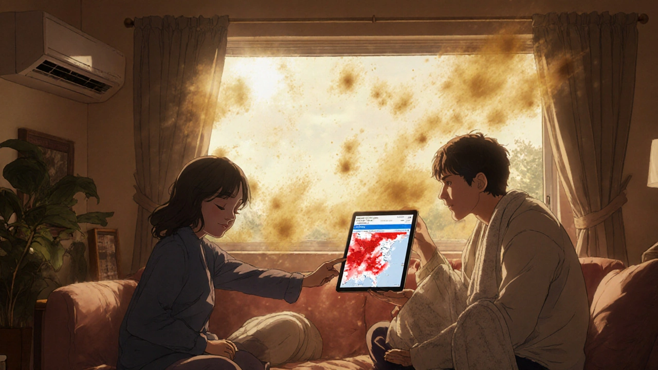 A family indoors watching a pollen forecast on a tablet while golden pollen swirls outside their closed windows.