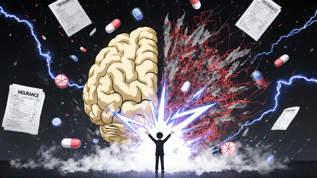 A fractured brain landscape with opposing medication patterns colliding, a person caught in electric zaps.