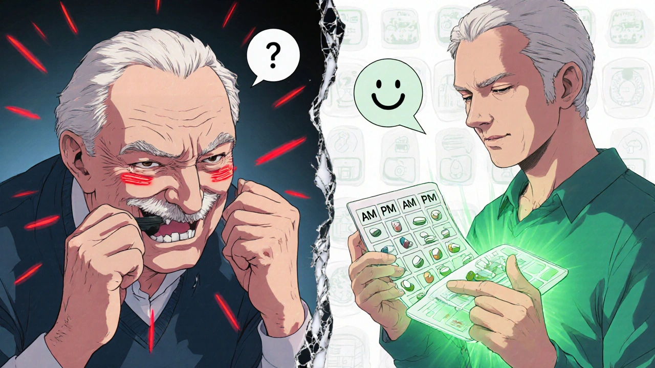 A man crushing a pill vs. using a pill organizer, with contrasting warning and safety lights.