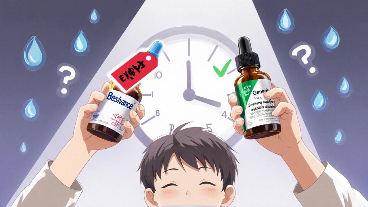 A parent holding two eye drop bottles—one expensive, one cheap—as their child blinks peacefully.