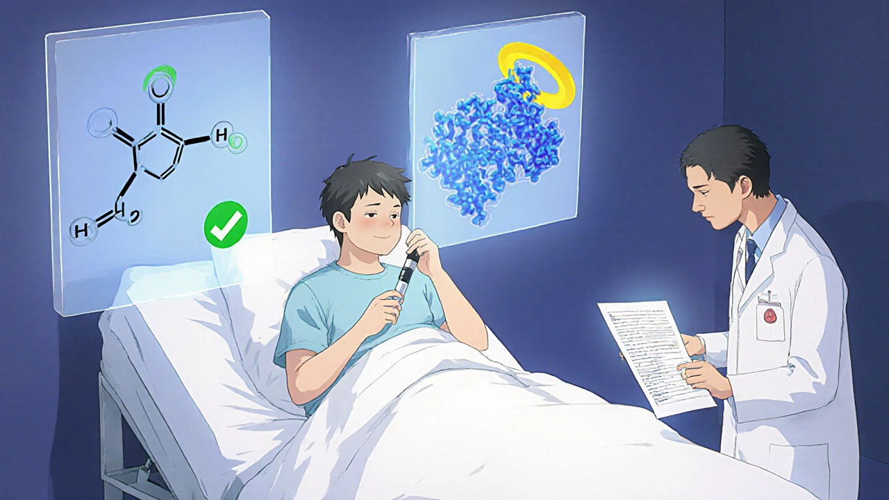 A patient holding an insulin pen with floating educational panels showing generic and biosimilar science.