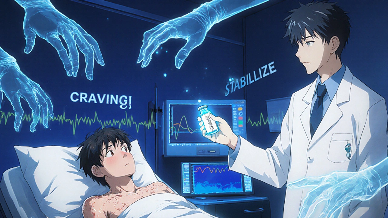 A patient in medical detox experiencing withdrawal symptoms, with ghostly manifestations and a doctor holding medication in a hospital room.