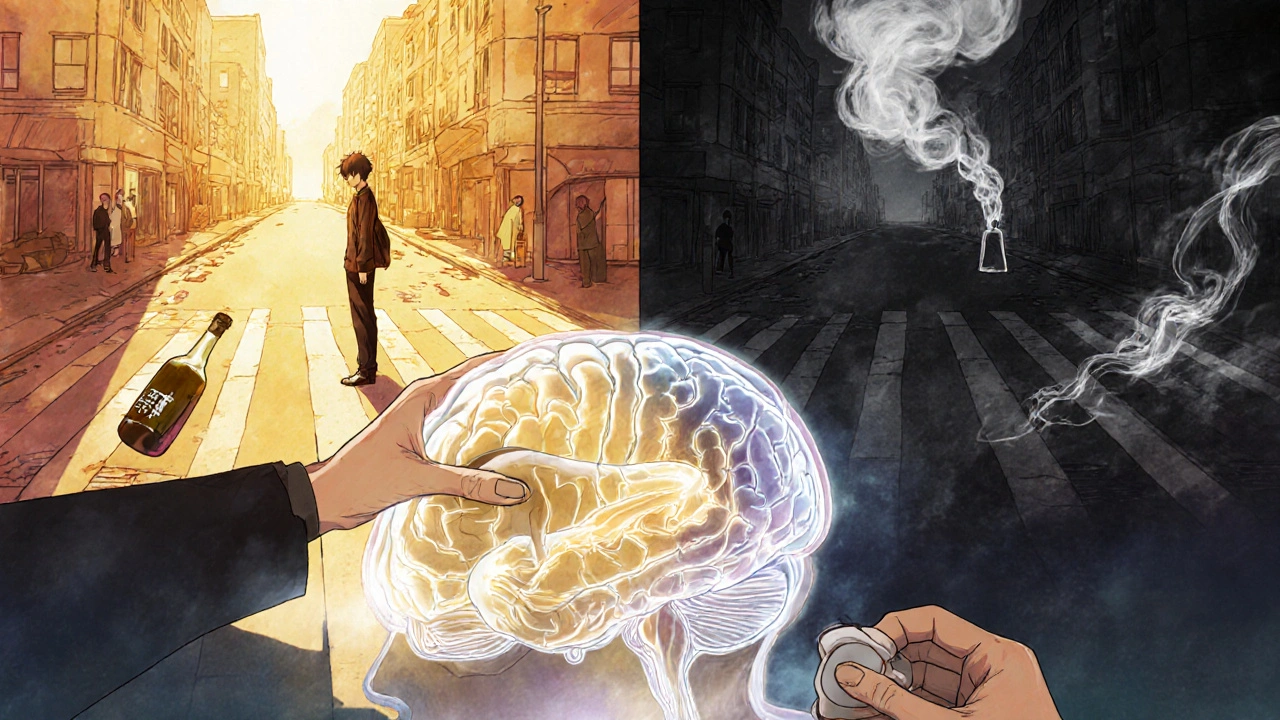 A person at a crossroads between recovery and relapse, with one path glowing with healing and the other dark and decaying.