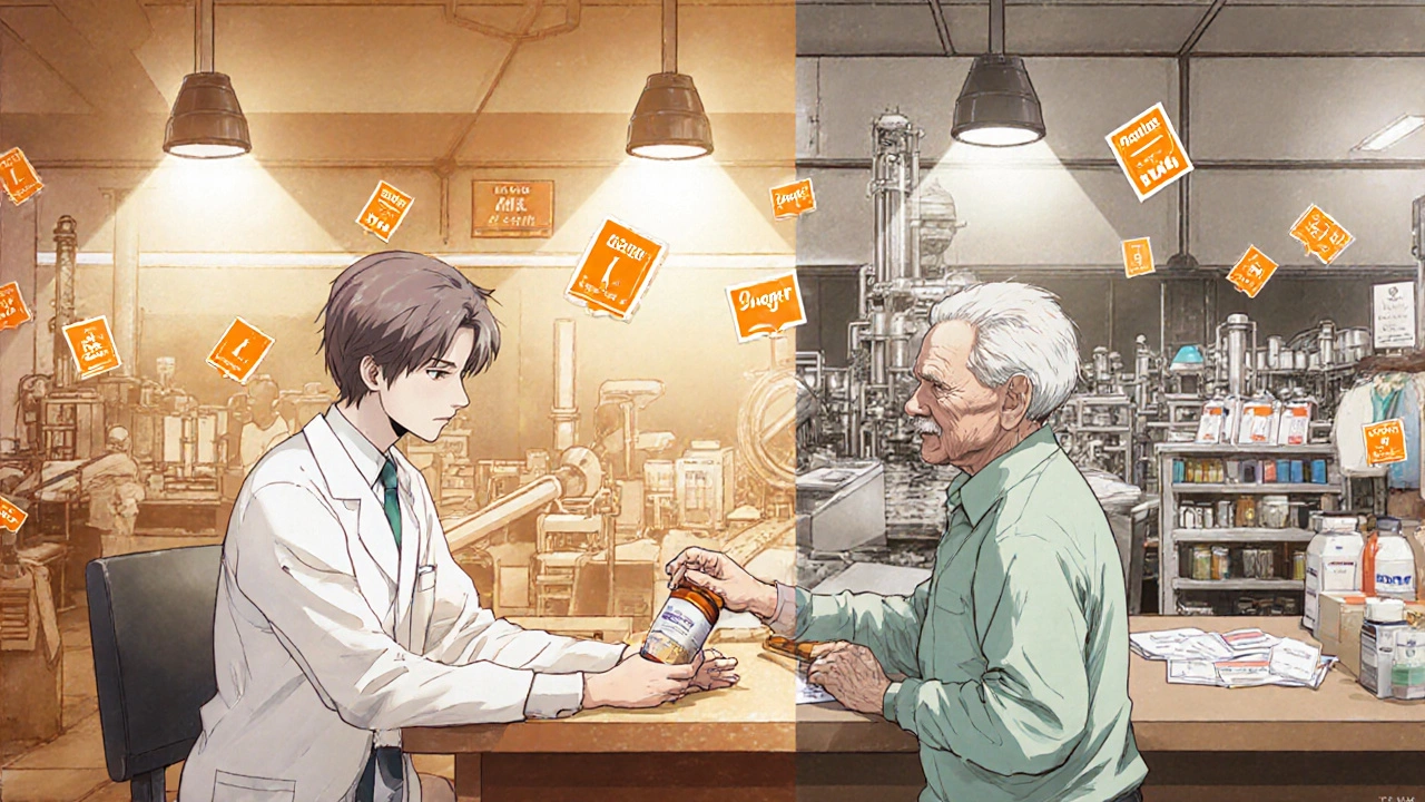 A pharmacist hands a generic prescription to an elderly patient with floating FDA inspection icons.