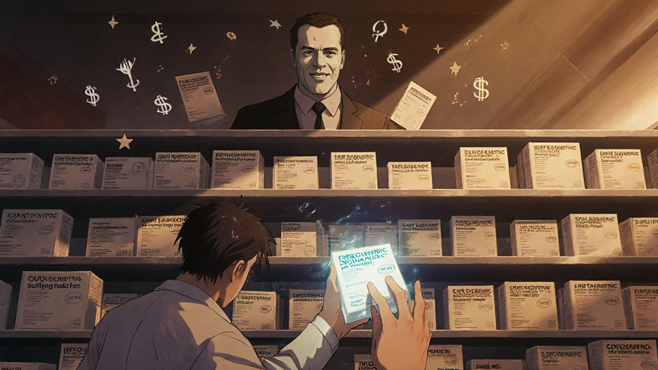 A pharmacy shelf with fading first generic labels overshadowed by glowing authorized generics, a patient hesitating to choose.