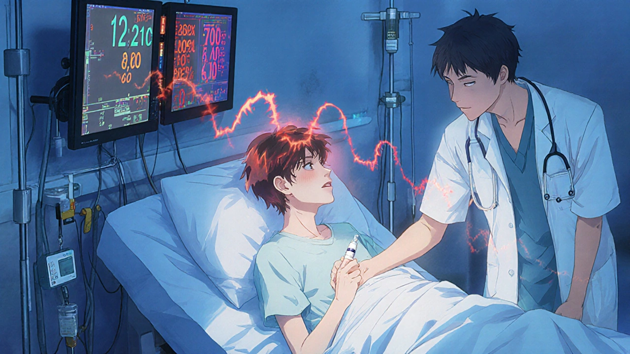 A teen in the ER receives IV insulin with critical vitals flashing on monitors.