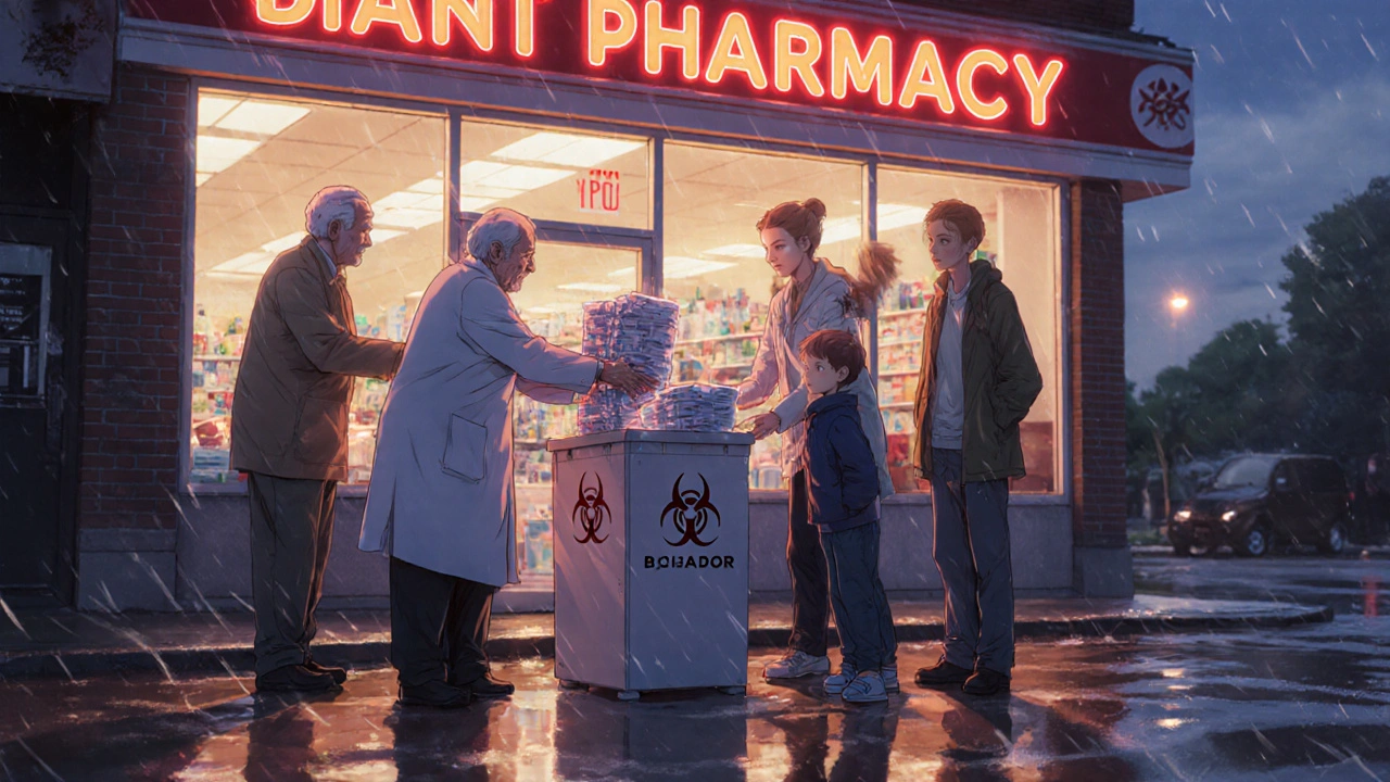 Community members dropping off sharps containers at a pharmacy drop-off bin.