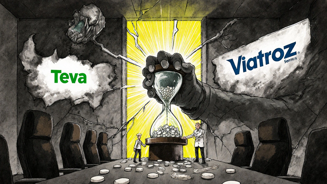 Corporate giants hold a pill-filled hourglass while small manufacturers struggle to climb, as a future of affordable drugs shines beyond.