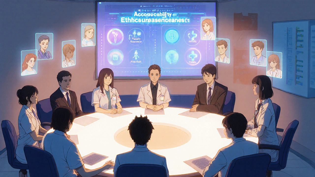 Diverse hospital committee gathered around a glowing ethical decision board with patient profiles floating above.