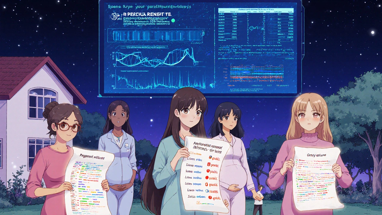 Diverse pregnant women holding genetic risk scrolls under a data screen showing pregnancy research.