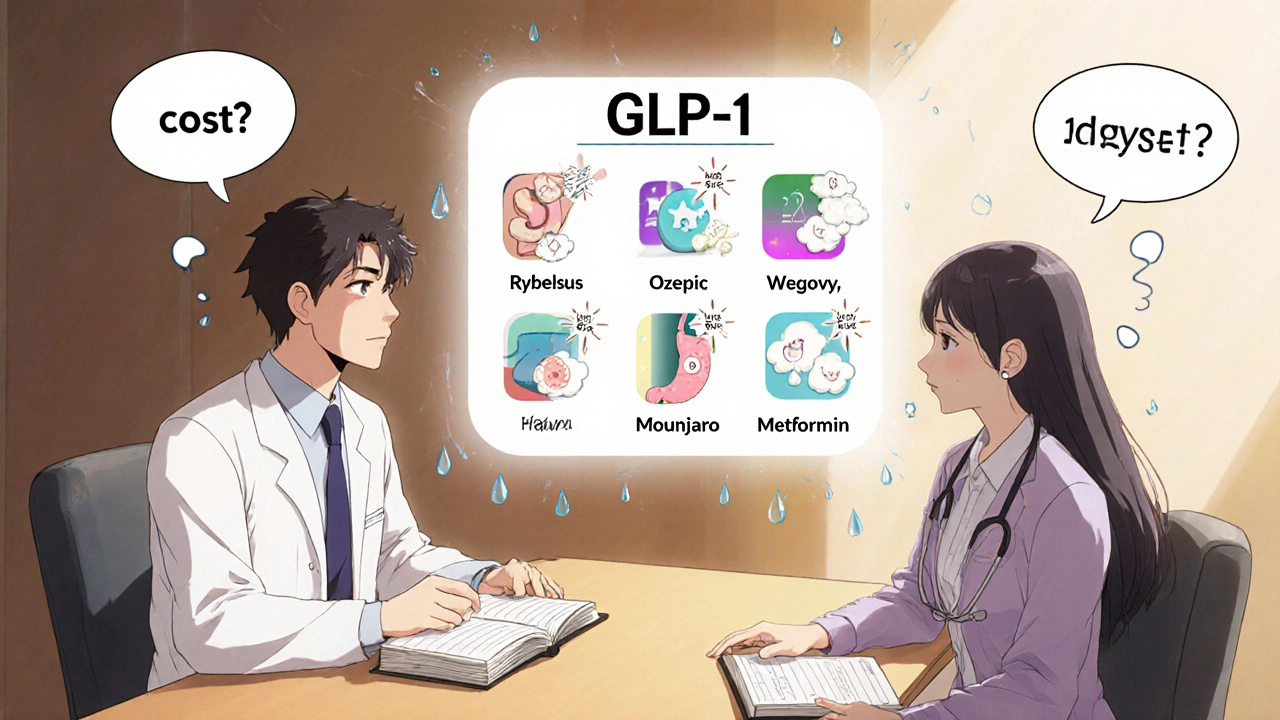 Doctor and patient viewing holographic GLP-1 drug chart in clinic, journal in hand