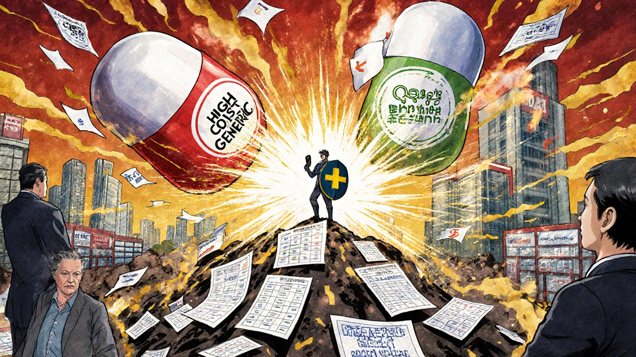 Generic drug pills battling on a battlefield of spreadsheets with patient hero.