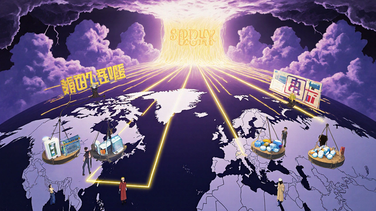 Global drug supply map with storm clouds over supply chains and justice scales