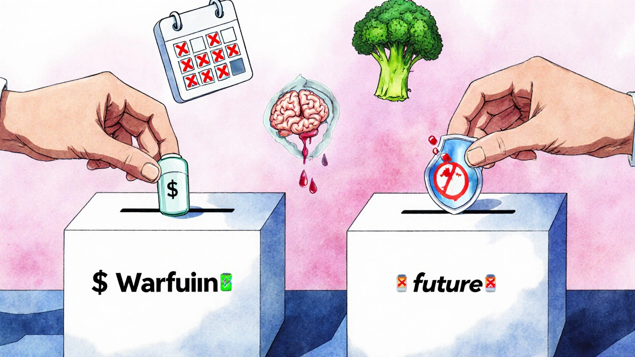 Hand placing warfarin pill in donation box while DOAC pill goes to future, with icons of eliminated blood tests and protected brain.