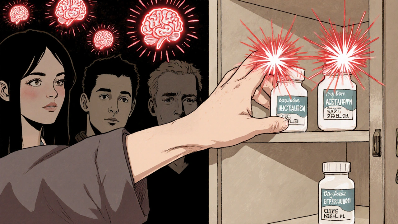 Hand reaching into locked medicine cabinet as shadowy figures watch, OTC bottles with exploding dosage numbers above.