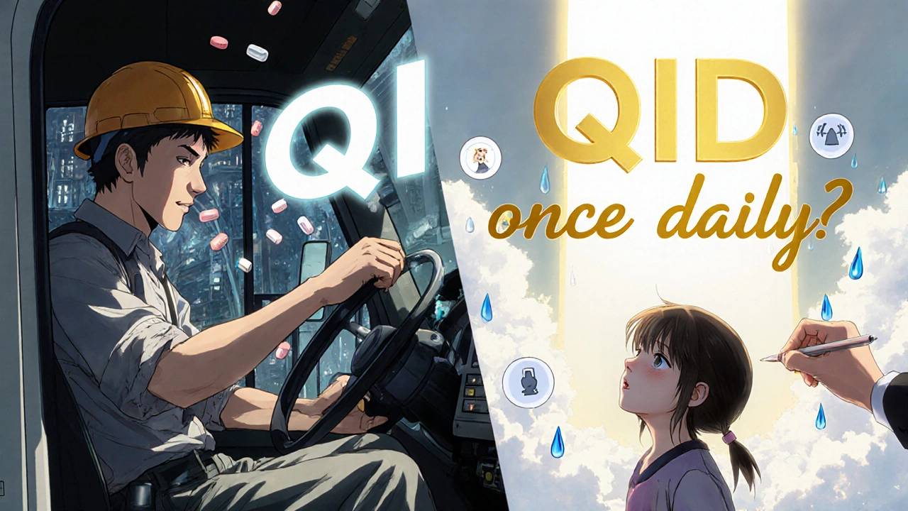 Man driving while overdosed, daughter confused below; &#039;once daily&#039; written in light, contrasting chaos with hope.