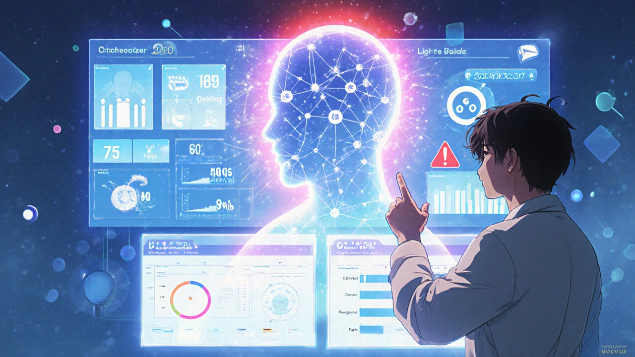 Medical dashboard with 15 risk factors glowing around a patient, warning aura and AI prediction model visible.