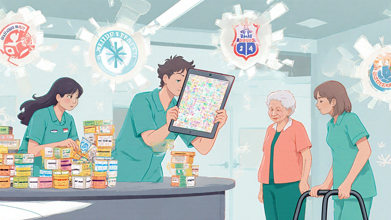 Nursing home pharmacy staff managing complex drug coverage forms and insurance labels.