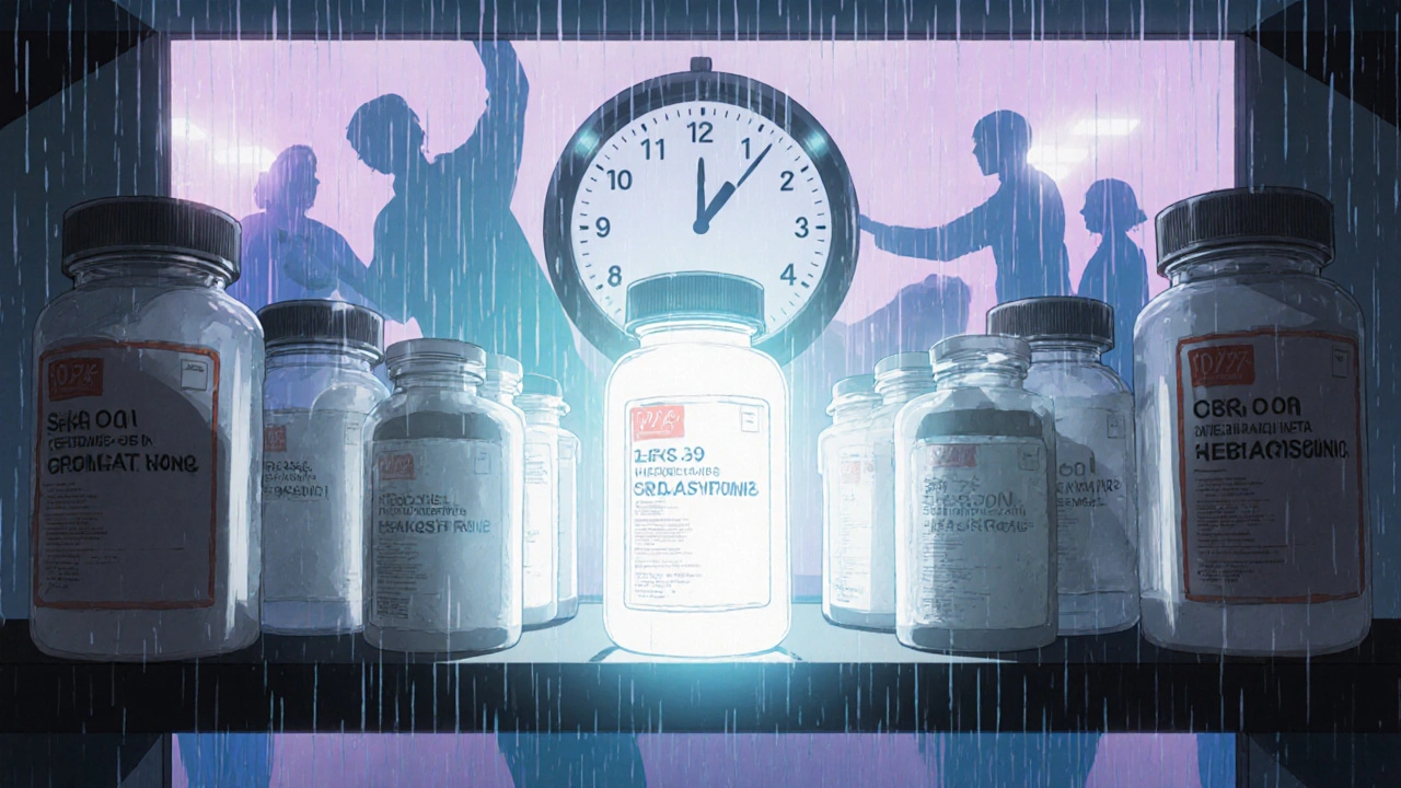 One glowing generic drug bottle on a pharmacy shelf, surrounded by locked alternatives, with a translucent 180-day countdown overlay.