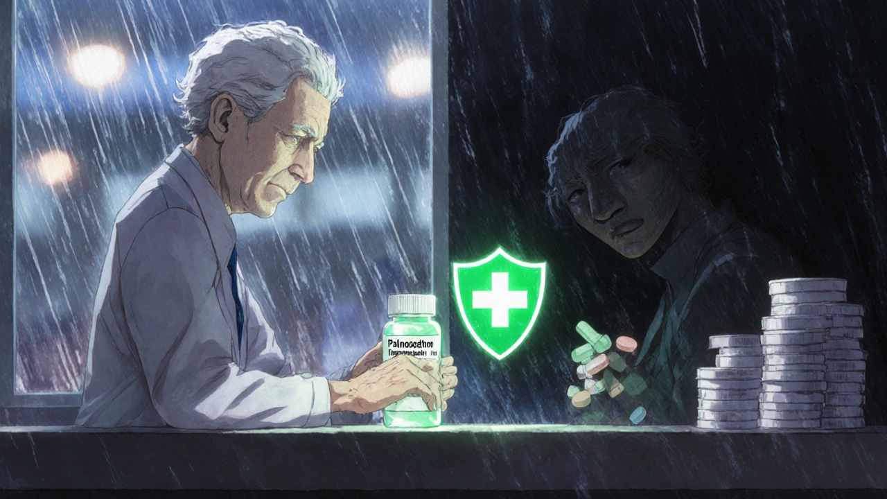 Patient choosing safe palonosetron and dexamethasone at pharmacy, shadowy ondansetron pills crumbling behind them.