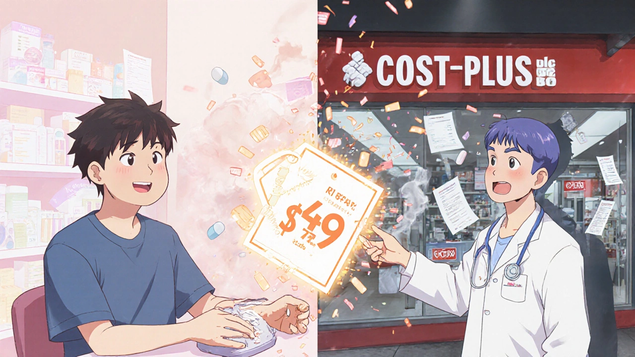 Patient paying  at pharmacy vs. .99 at transparent pharmacy in split scene.