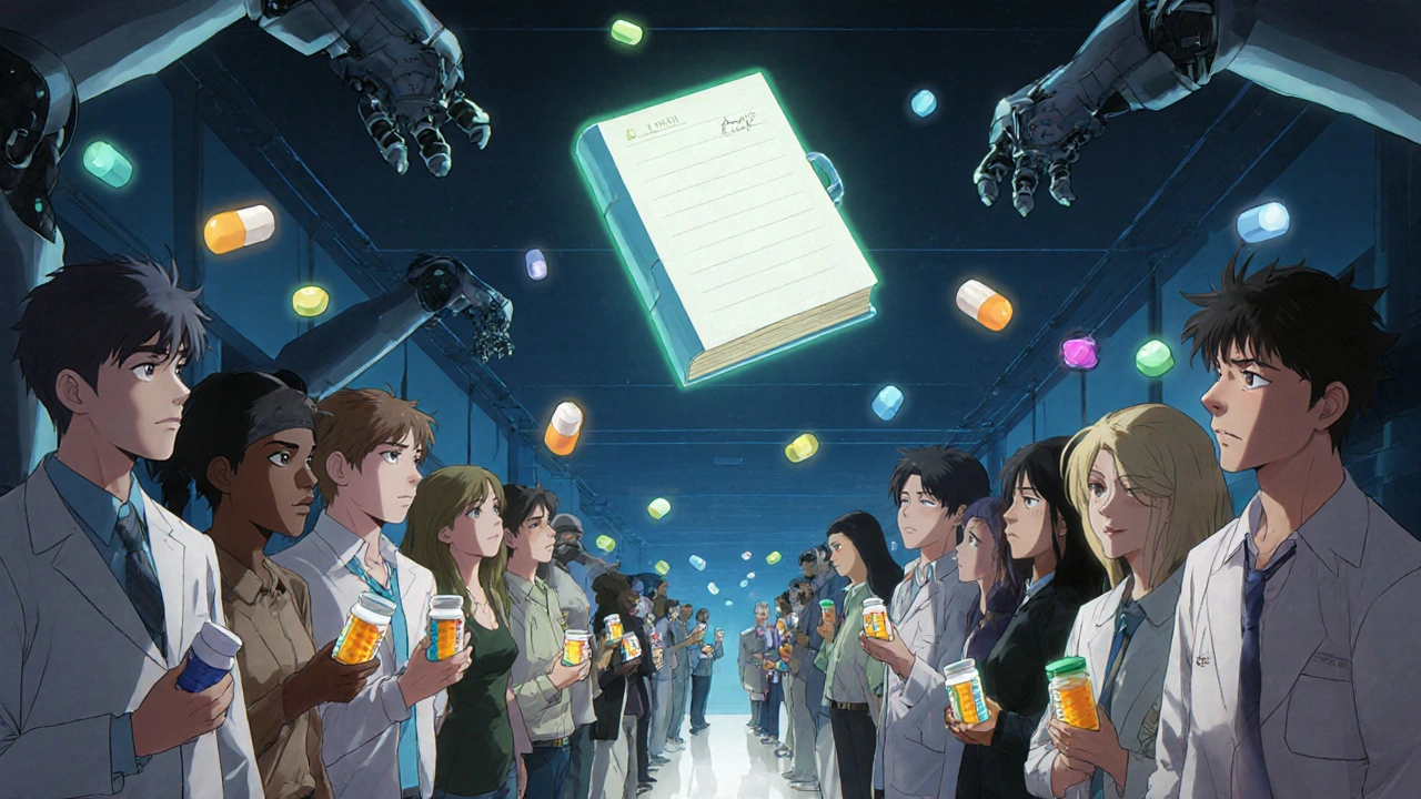 People in a pharmacy line hold different pill bottles, their eyes filled with fear as robotic arms drop prescriptions.