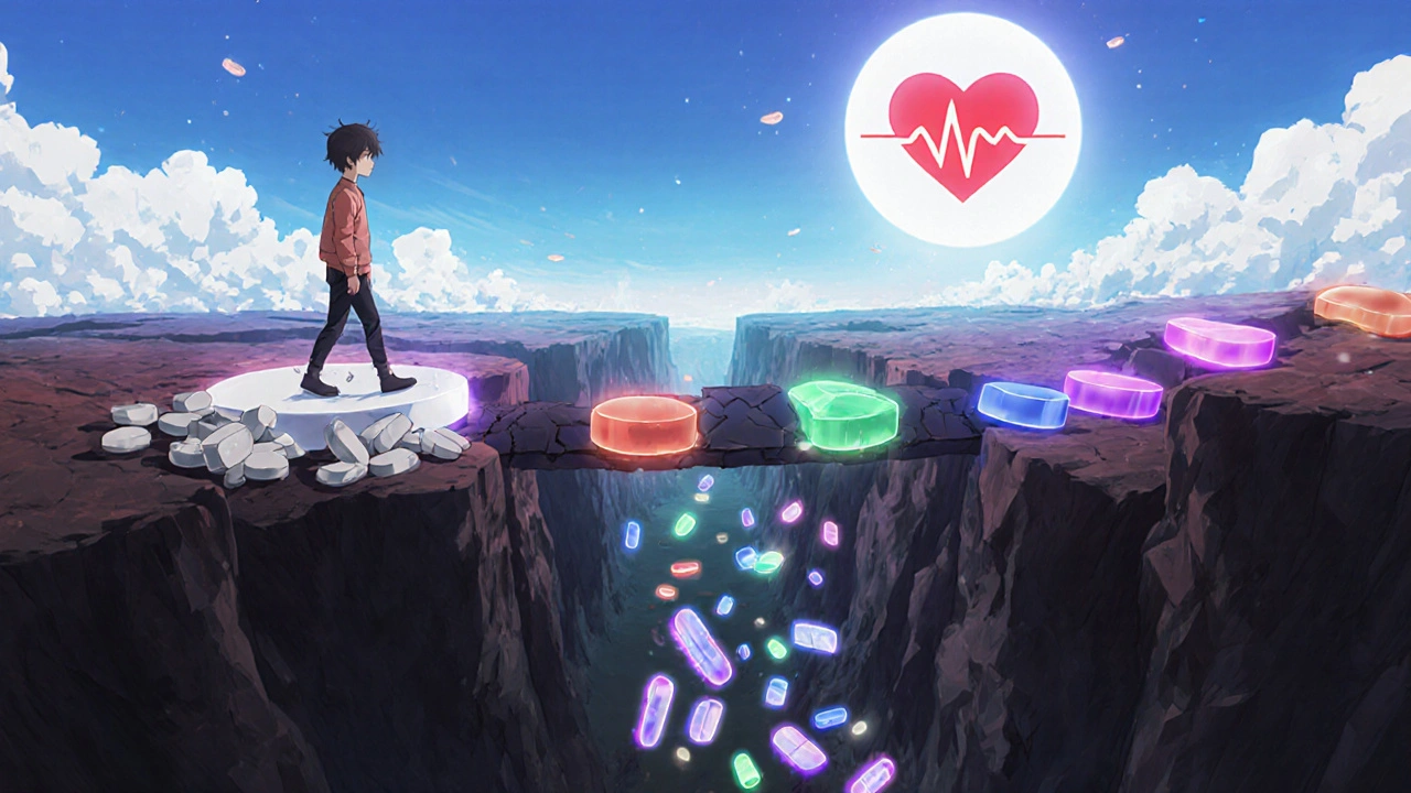 Person walking across a pill bridge, leaving behind old meds as new ones light the path to better health.