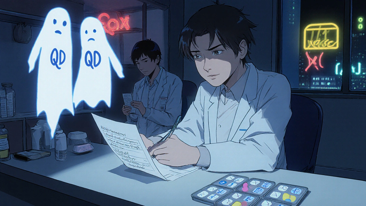 Pharmacist at night staring at handwritten prescription as QD and QID blur together, patient with visual dosing icons nearby.