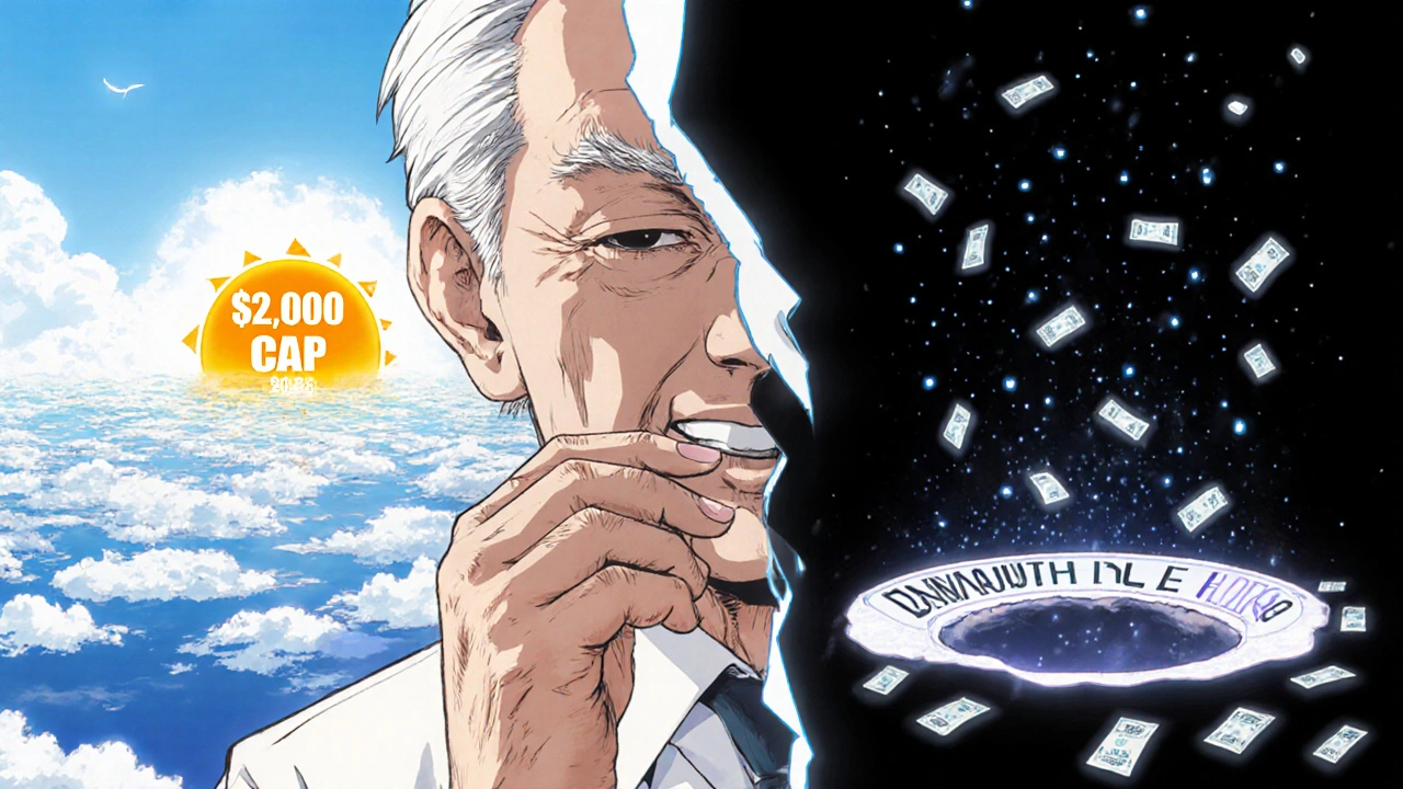 Senior taking a pill with symbolic imagery of the 2025 ,000 cap and the Medicare donut hole.