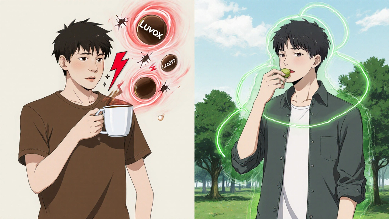 Split scene: one person anxious with coffee and Luvox, another calm with Zoloft and nature, contrasting energies.