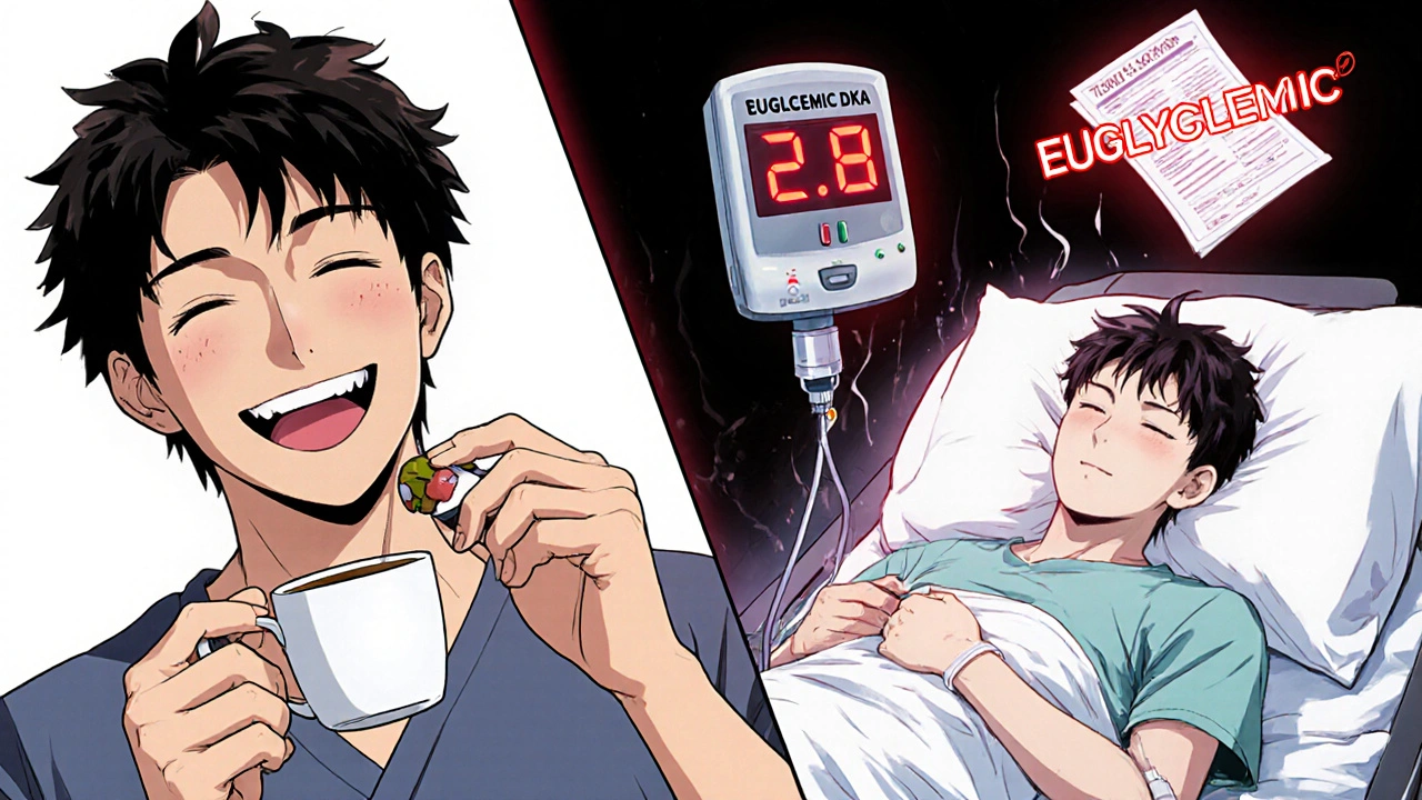 Split scene: patient taking pill happily vs. same person collapsed in hospital with high ketone reading.