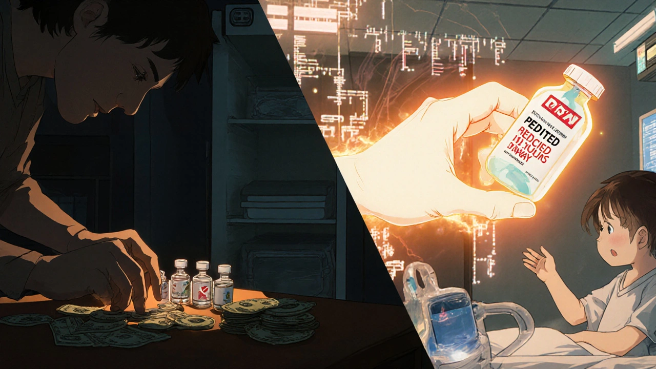 Split scene: someone rationing insulin vs. a child in ICU with DKA alert glowing.